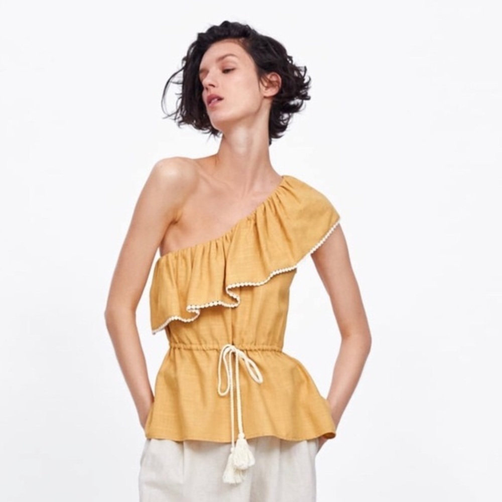 Zara linen blend one shoulder ruffle peasant top
